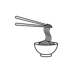 Pair of Chopsticks Picking Up Noodles from Small Noodle Bowl Representing Asian Cuisine