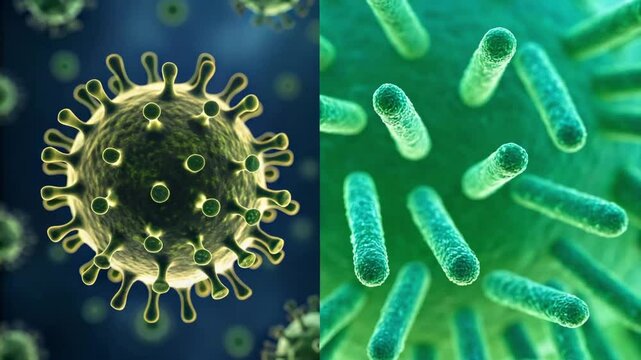 Anthrax Concept,Microscopic Comparison of Virus and Bacteria Structures Split Screen Format, Highlighting Health Implications
