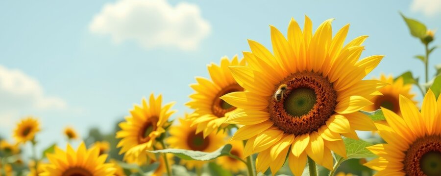 august sunflowers, large petals with bees, 3d illustration, soft background, natural daylight, clean and simple aesthetic