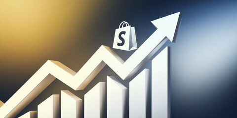 White upward arrow graph with shopping bag, symbolizing sales growth and business success, ideal for marketing or financial presentations