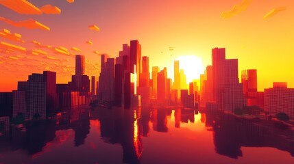 Fototapeta premium Sunrise cityscape with pixelated architectural design.