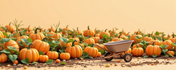 pumpkin patch, child sized wheelbarrow nearby, 3d illustration, soft background, natural daylight, clean and simple aesthetic