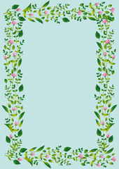 水彩風　ピンクの小花と葉っぱ　フレーム 縦