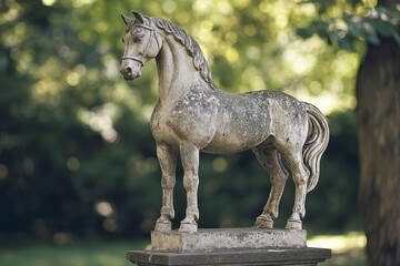 Aged stone sculpture of a horse in a garden setting.