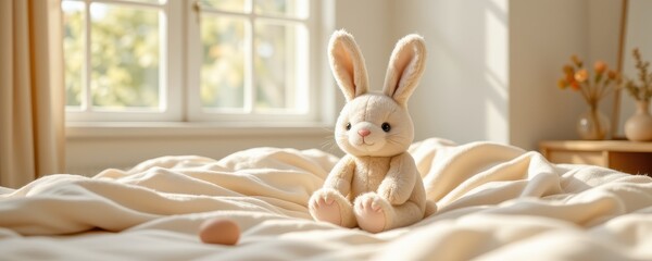 bunny plush on bed, easter morning feel, 3d illustration, soft background, natural daylight, clean and simple aesthetic