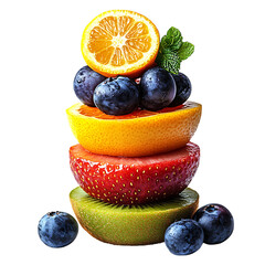 Stack of Fruit with Blueberries Oranges and Strawberries Isolated on Transparent Background