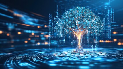 Futuristic tree of knowledge growing from digital data flow with vibrant neon glow technology advancement concept image
