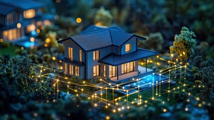 A model house with a dark roof and glowing windows surrounded by glowing lines and blurred background