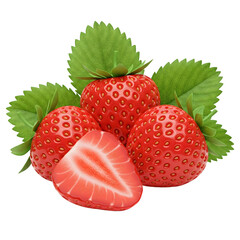 Fresh and Vibrant Strawberries: A Close-Up of Whole and Halved Ripe Berries with Lush Green Leaves on a Clean White Background for Food and Ingredient Stock Photography