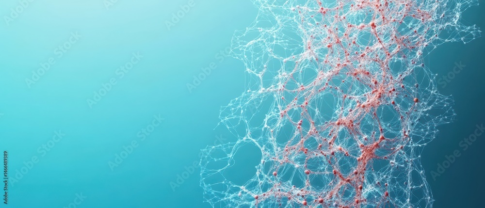 Poster abstract linked points on blue backdrop. complex interconnected structure. glowing nodes and lines r