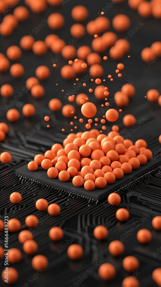 Poster orange spheres gather on a dark circuit board. small dots float above connected neural networks. a m