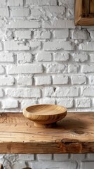 Empty wooden pedestal on kitchen table before white brick wall
