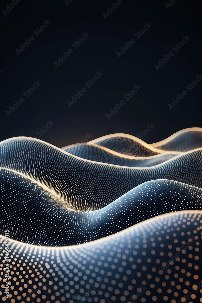 Poster Abstract network waves. Dark surface with flowing form of connected light dots. Artificial intelligence concept. Technology background for neural networks.