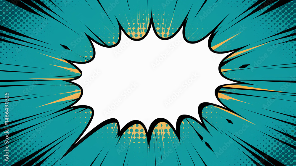 Poster teal and gold comic book style speech bubble background with blank center, ideal for text or logo pl