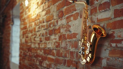 Fototapeta premium realistic golden saxophone hanging against an old red brick wall, soft industrial lighting, warm tones