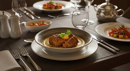 Served gourmet food on dining table setting