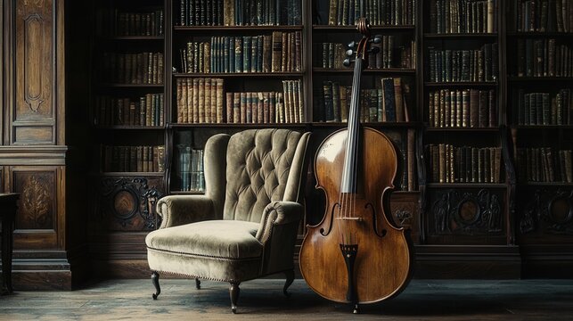realistic viola da gamba leaning against a vintage velvet armchair, classic library with old books, muted color tones 