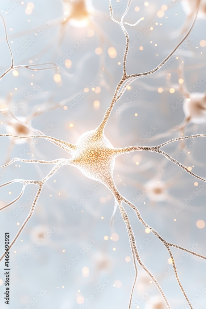 Poster network connections showing neural pathways with glowing dots on light background representing neura