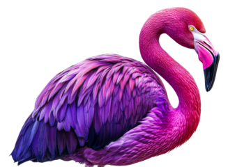 Pink flamingo with purple feathers, elegant pose, cut out transparent