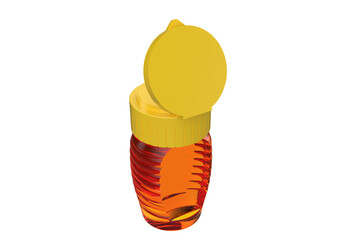 Sweet Natural Golden Honey in a Transparent Bottle with a Practical Flip-Top Closure, Ruffled Design Honey Container with Yellow Flip Cap, Easy-Open Lid, Dispensing Cap on a PNG Transparent Background