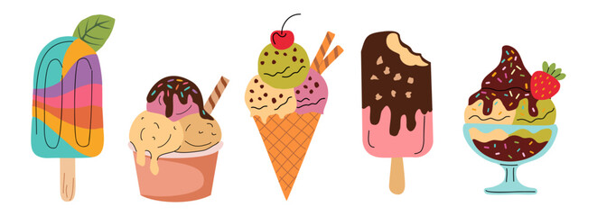 Whimsical hand drawn vector set of various ice creams — waffle cones, popsicles, sundaes, and paper cups. Playful cartoon style, pastel colors, isolated on transparent background