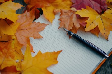 Colorful autumn leaves scattered around an open notebook and pen on a wooden table