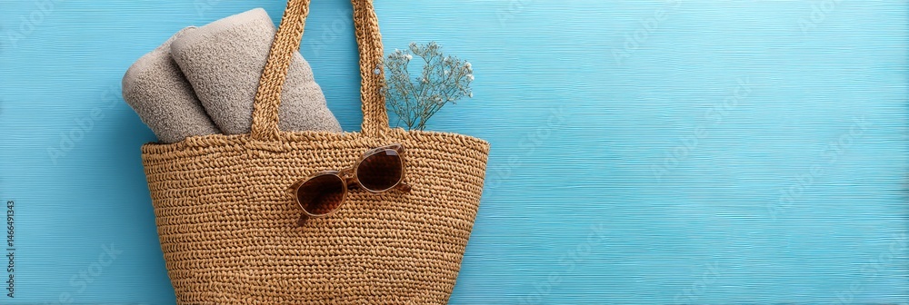 Poster wide straw bag with a towel and sunglasses ready for a sunny beach day on a vibrant blue background 