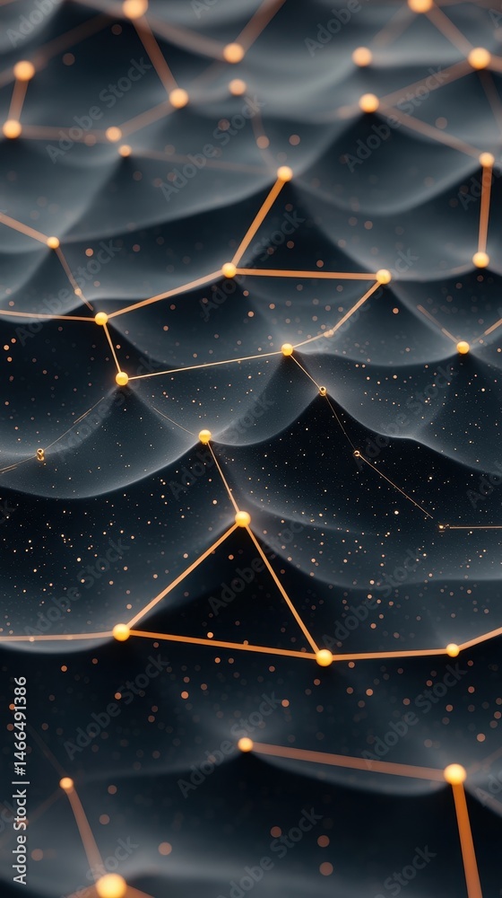 Poster abstract data network connecting dots across wavy surface. neural networks communication concept. ar