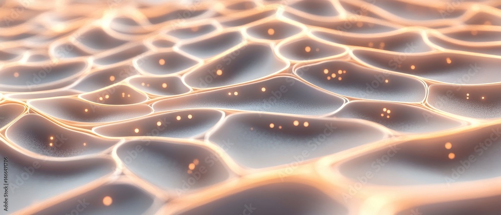 Poster Abstract neural networks structure with interconnected points and network lines, light reflects creating wave pattern on surface, artificial intelligence connections concept