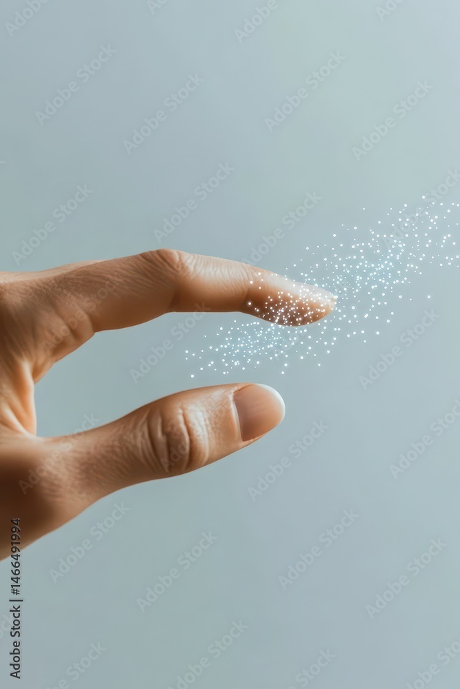 Poster hand touches digital sparkles. artificial network connection. light dots float from a finger. neural