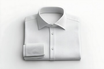 Folded white dress shirt with a spread collar, cuff is folded over, and has buttons on a white background