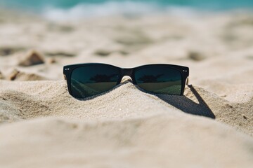 Black sunglasses resting on soft sand with clear ocean in the background during a sunny day