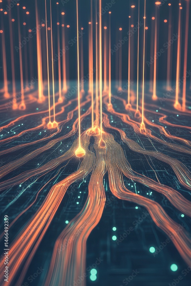 Poster bright lines form neural network connection. glowing nodes shine above branching paths. digital desi