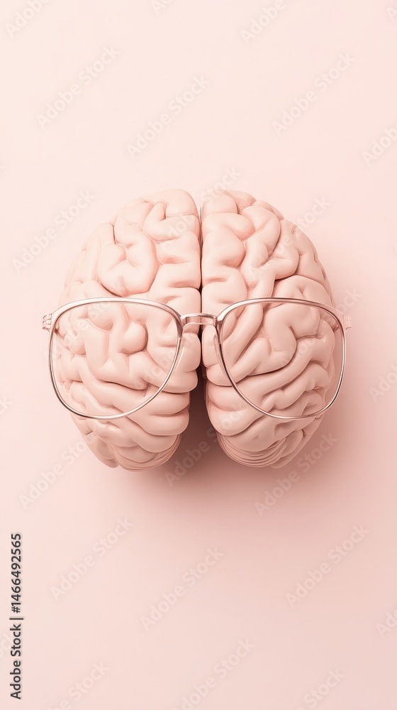 Poster neural network model with glasses lies on light pink surface. top view of brain structure used in ar