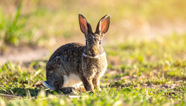 Brown bunny sitting in field, face to camera. Wild or farm animal.