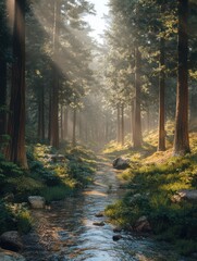 Fototapeta premium Sunlit forest scene with stream