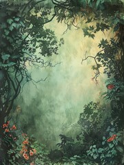 Enchanted Forest Border Frame with Watercolor Art Elements