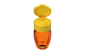 Clear Honey Bottle with Yellow Flip-Top Cap in Open Position, Transparent Bottle of Honey with its Yellow Flip Cap Lifted, Yellow Flip-Top Ready for Pouring, on a PNG Transparent Background