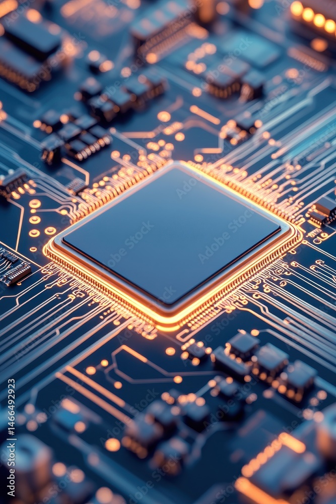 Poster close up of computer chip showing electronic components and glowing connections. electronic system r