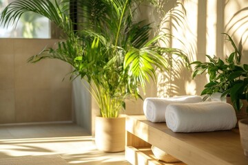 Serene wellness space with indoor plants, towels, and bamboo elements