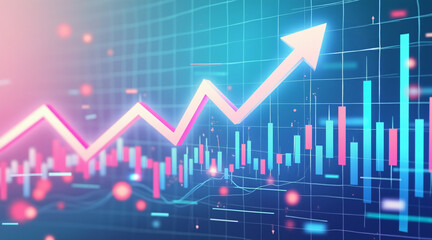 Colorful Financial Growth Graph with Rising Arrow and Candlestick Bar Chart Background