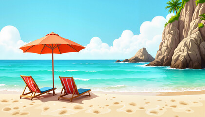 Quiet beach cove with turquoise water on a summer day featuring beach chairs and an umbrella