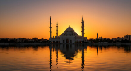 Naklejka premium Mosque silhouette at sunrise reflection