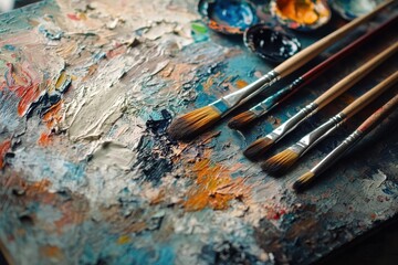 Fototapeta premium Artistic tools and vibrant colors on a painter's palette in a creative workspace