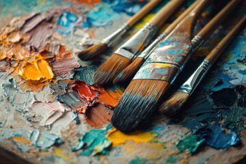 Fototapeta premium Artistic arrangement of paintbrushes on a vibrant palette filled with colorful paint mixtures
