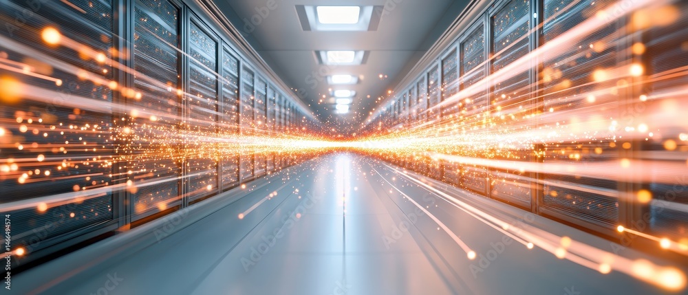 Poster server room corridor with light streaks representing neural networks data transmission in a symmetri