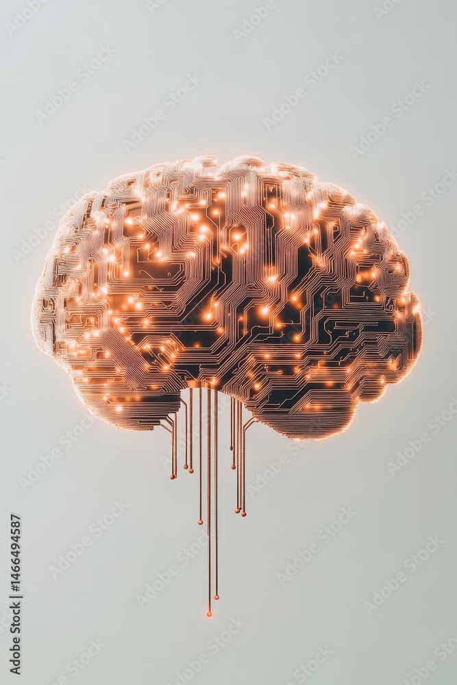 Poster artificial brain with glowing neural network circuits. digital brain connects with bright lines. con