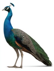 Naklejka premium Stunning peacock isolated on white background — perfect for luxury branding, educational materials, wildlife articles, or elegant decorative designs.