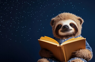 Fototapeta premium Cute sloth wearing pajamas hugging a bedtime storybook