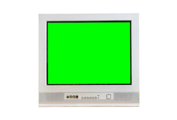 Silver vintage green screen TV for adding new images to the screen. Isolated on white background.